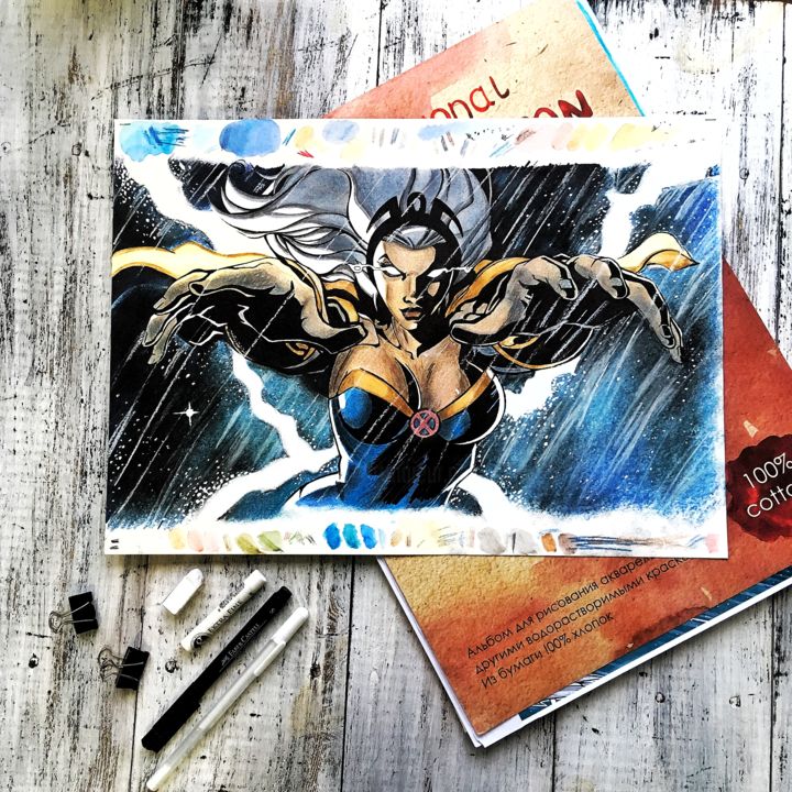 Painting titled "X-Men / Storm" by Kristina Art Gallery, Original Artwork, Watercolor Mounted on Cardboard