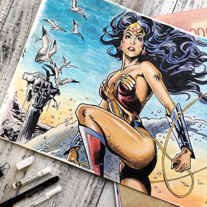 Peinture intitulée "Wonder Woman" par Kristina Art Gallery, Œuvre d'art originale, Aquarelle Monté sur Carton