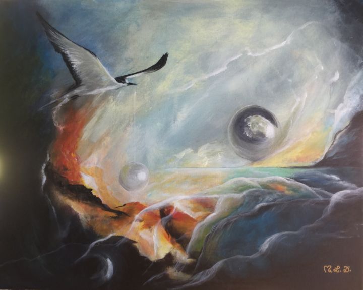 Peinture intitulée "The bird and the pe…" par Monagaya, Œuvre d'art originale, Acrylique