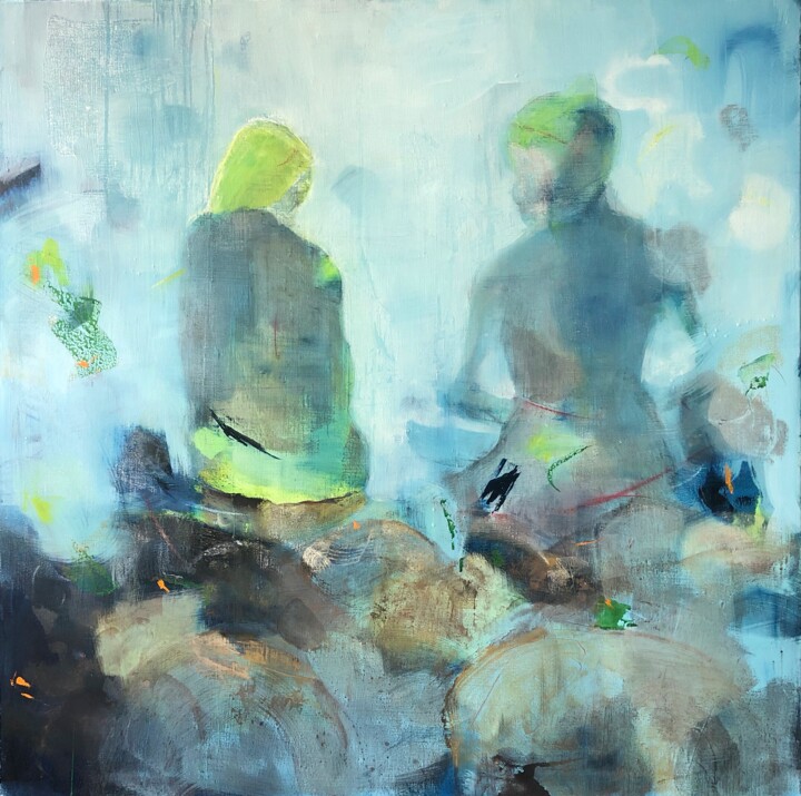 Painting titled "The Talk - Blue (To…" by Mona Hoel, Original Artwork, Oil Mounted on Wood Stretcher frame
