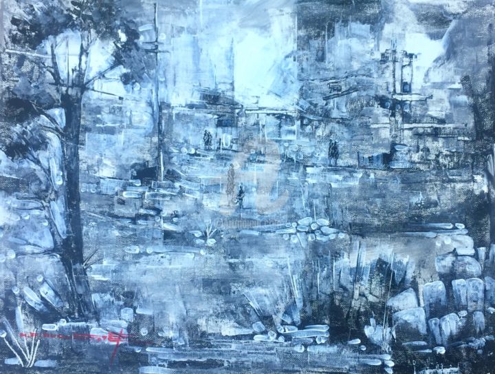 Painting titled "Black and white City" by Mondy Pierre Auguste, Original Artwork, Acrylic Mounted on Cardboard