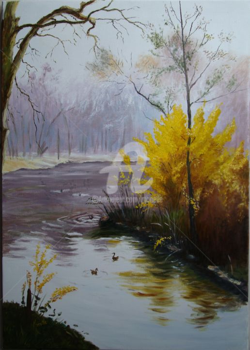 Painting titled "FORSYTHIAS." by Monelle, Original Artwork, Oil