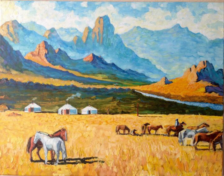 Картина под названием "Mountain and river…" - Mongolika, Подлинное произведение искусства, Масло