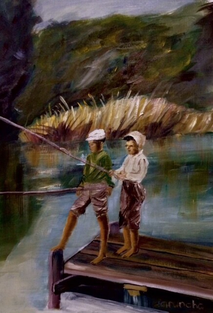 Painting titled "Pescando trucha" by Mónica Caruncho Fontela, Original Artwork, Oil