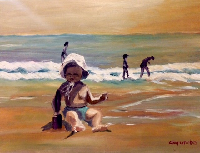 Pintura titulada "Jugando en la playa" por Mónica Caruncho Fontela, Obra de arte original, Oleo