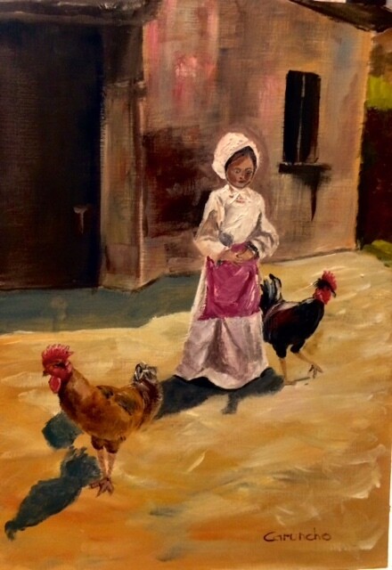 Pittura intitolato "Con las gallinas" da Mónica Caruncho Fontela, Opera d'arte originale, Olio