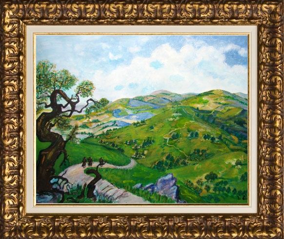 Painting titled "Green Hill Morning" by Monica Ciobanu, Original Artwork, Oil