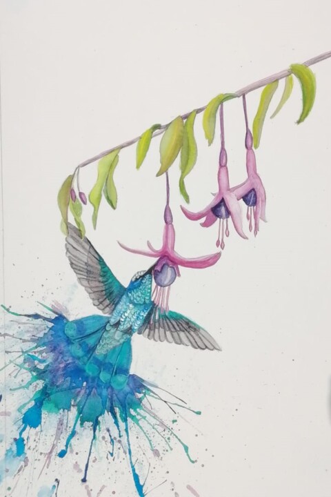 Painting titled "Colibri Azul" by Mónica Tejero Green, Original Artwork, Watercolor Mounted on Wood Panel