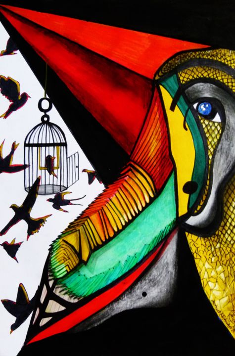Dessin intitulée "bird cage" par Karmica, Œuvre d'art originale, Autre