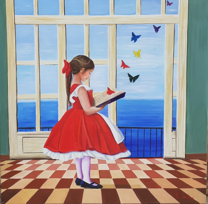 Painting titled "La magia dei libri" by Monica Zambon, Original Artwork, Oil