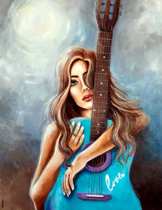 Painting titled "Bohemia a la guitar…" by Mónica, Original Artwork, Acrylic