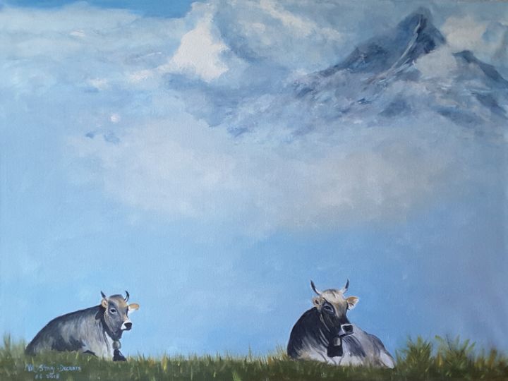 Painting titled "la montagne et les…" by Monica Stagi-Decroix, Original Artwork, Oil