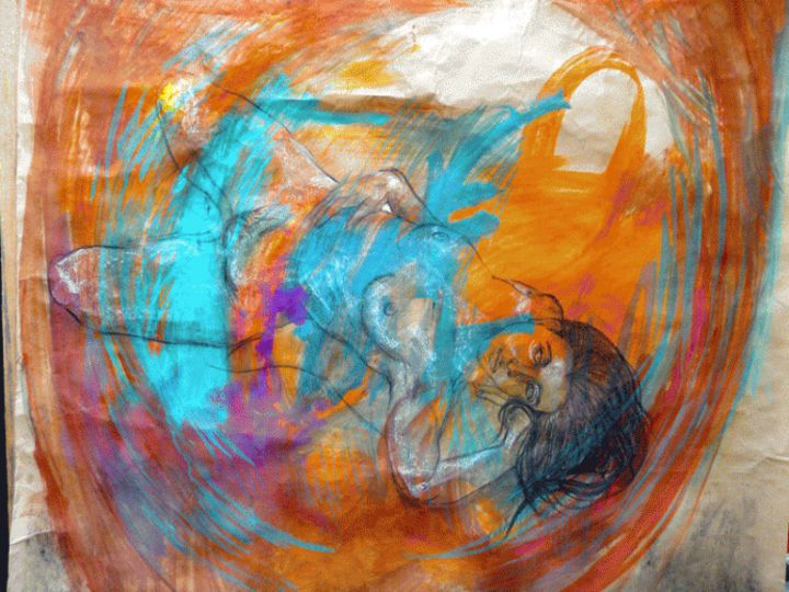 Peinture intitulée "Nue dans l'orange" par Monica Jacquin, Œuvre d'art originale, Huile