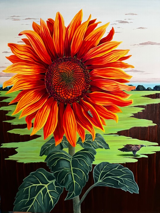 Painting titled "Sunflower Dream" by Monica Puryear, Original Artwork, Oil Mounted on Wood Panel