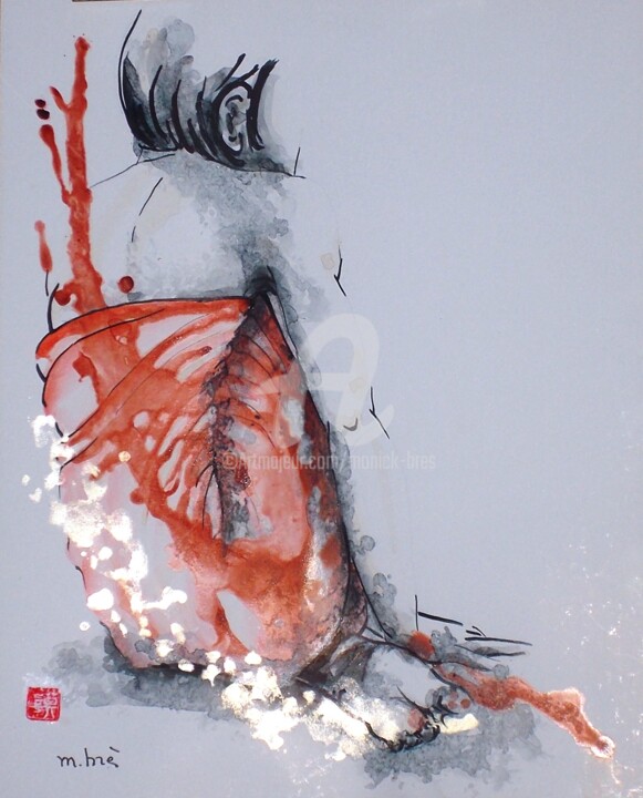 Painting titled "LE PAREO ROUGE" by Monick Bres, Original Artwork, Ink