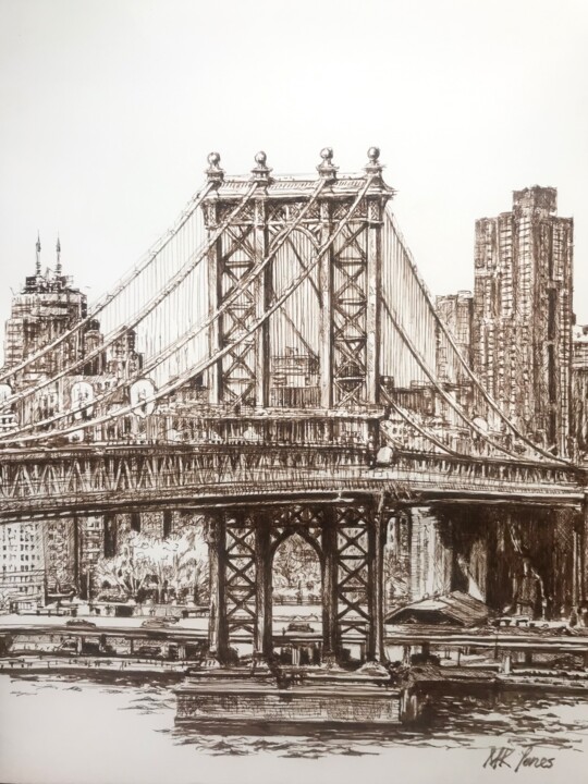 Drawing titled "Manhattan Bridge Sk…" by Monika Jones, Original Artwork, Ink