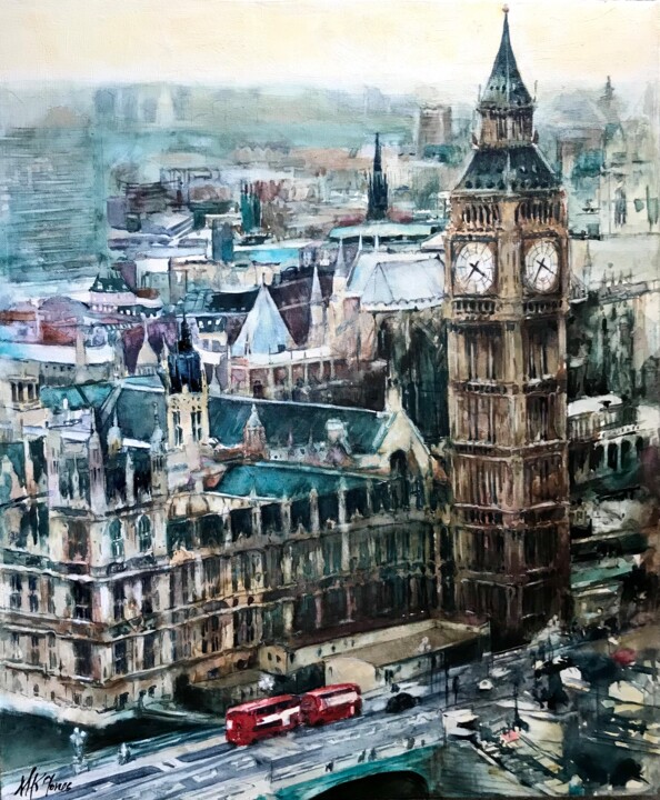 Malarstwo zatytułowany „Central London” autorstwa Monika Jones, Oryginalna praca, Akwarela Zamontowany na Drewniana rama nos…