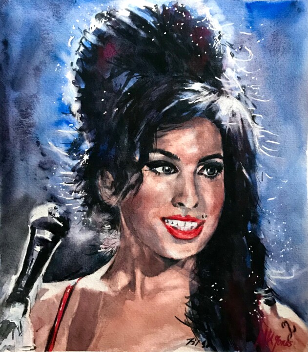 Painting titled "Amy Winehouse" by Monika Jones, Original Artwork, Watercolor