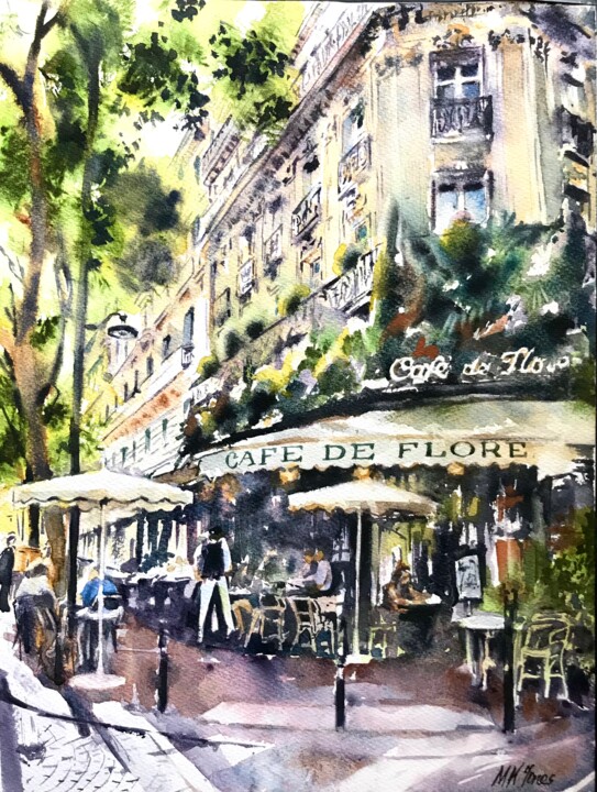 Malerei mit dem Titel "Cafe De Flore" von Monika Jones, Original-Kunstwerk, Aquarell