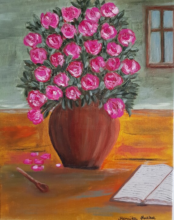 제목이 "Róże w wazonie"인 미술작품 Monika Mucha로, 원작, 기름 나무 들것 프레임에 장착됨