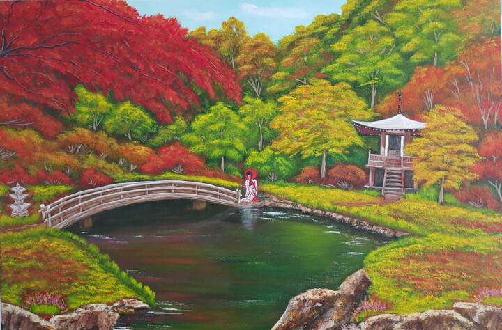 Painting titled "Japanese garden" by Monika Mucha, Original Artwork, Acrylic
