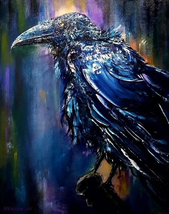 Painting titled "Old raven" by Mónika Nikodém, Original Artwork, Oil