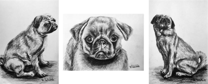 Dessin intitulée "Pugs Triptych" par M. Palichleb Art, Œuvre d'art originale, Fusain