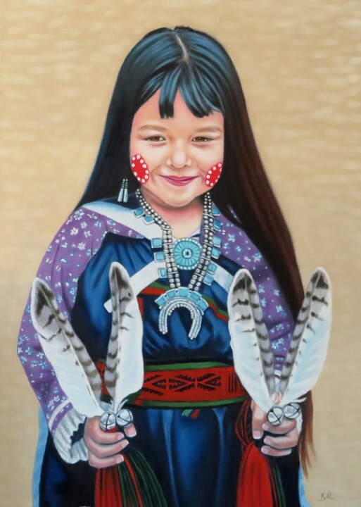 Painting titled ""Little Native Amer…" by Monika Rembowska, Original Artwork, Oil