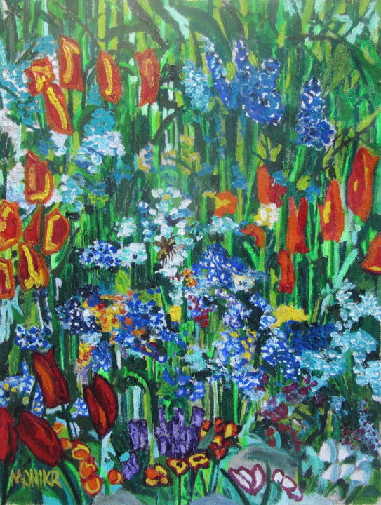 Painting titled "Spring In The Backy…" by Monikr, Original Artwork, Acrylic Mounted on Wood Stretcher frame