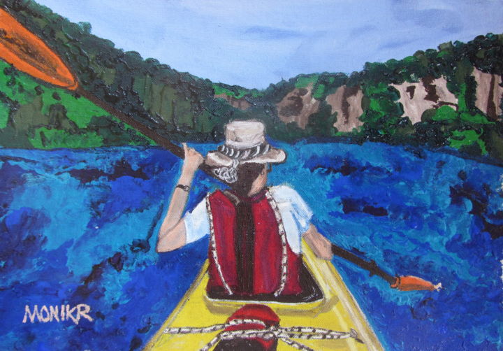 Painting titled "Kayak Contemplation" by Monikr, Original Artwork, Acrylic Mounted on Wood Stretcher frame