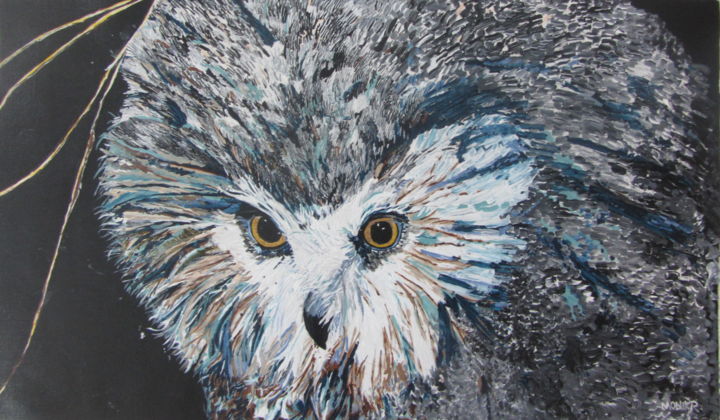 Painting titled "Concerned Owl" by Monikr, Original Artwork, Acrylic Mounted on Wood Panel
