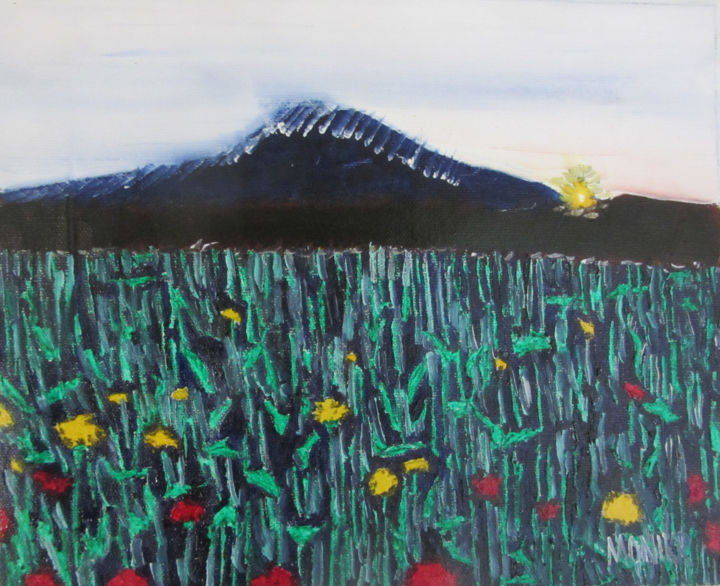 Painting titled "Field at Sundown" by Monikr, Original Art, Oil