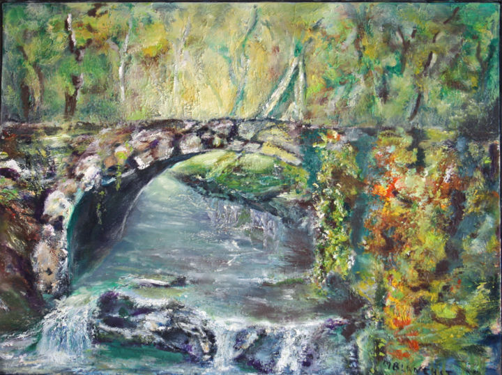 Peinture intitulée "le pont de pierre" par Monique Blanchet, Œuvre d'art originale, Huile