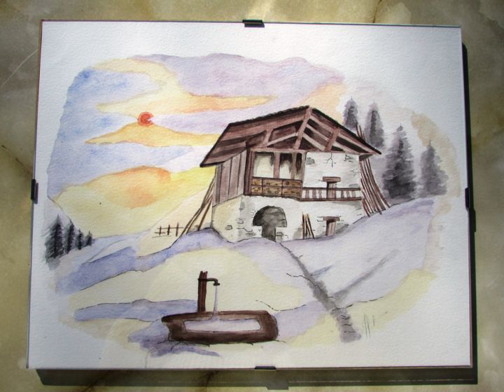 Painting titled "Chalet en montagne" by Monia, Original Artwork, Watercolor