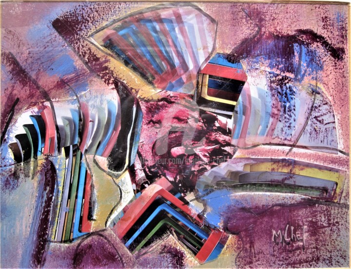 Collages intitolato "Vibrations violettes" da Monique Chef, Opera d'arte originale, Collages