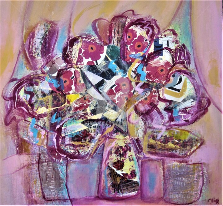 Peinture intitulée "Fleurs sur fond rose" par Monique Chef, Œuvre d'art originale, Acrylique