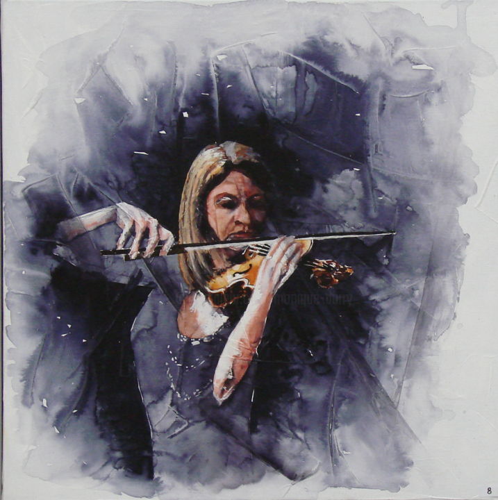 Pittura intitolato "VIOLON 1" da Monique Darry, Opera d'arte originale, Inchiostro