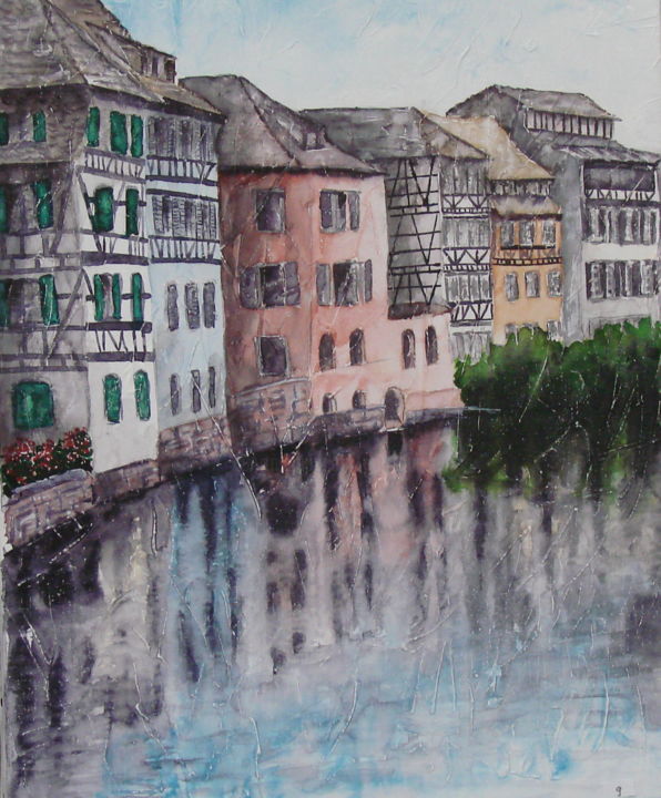 Painting titled "PETITE FRANCE" by Monique Darry, Original Artwork, Ink Mounted on Wood Stretcher frame