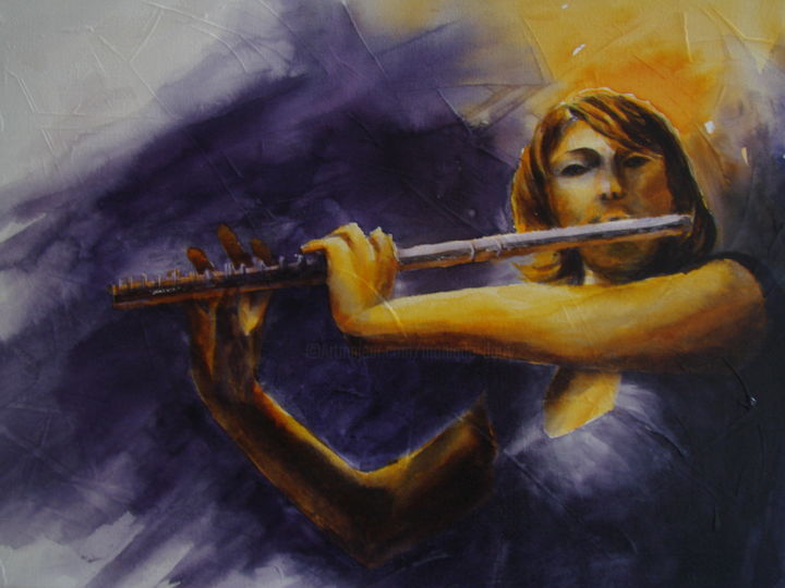제목이 "flute"인 미술작품 Monique Darry로, 원작, 잉크 나무 들것 프레임에 장착됨