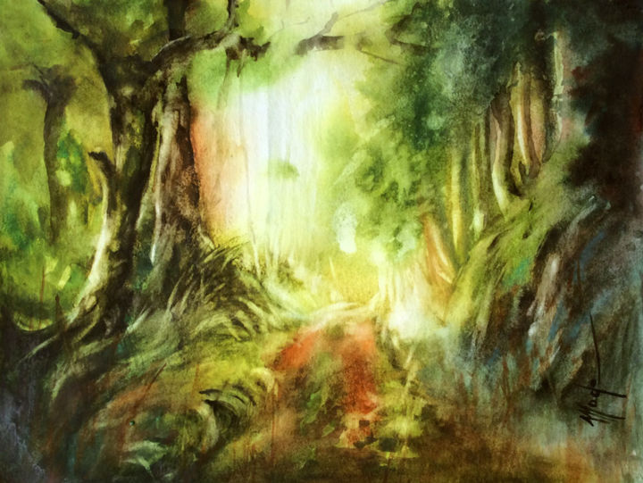 Pittura intitolato "Sentier forestier 3…" da Monique Delord, Opera d'arte originale, Acquarello