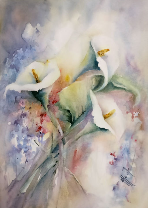 Painting titled "Cueillette de print…" by Monique Delord, Original Artwork, Watercolor