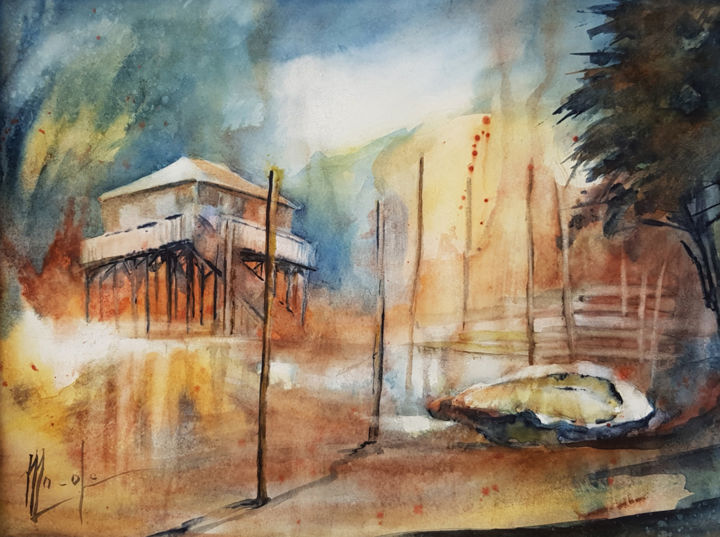 Peinture intitulée "Images du bassin d'…" par Monique Delord, Œuvre d'art originale, Aquarelle