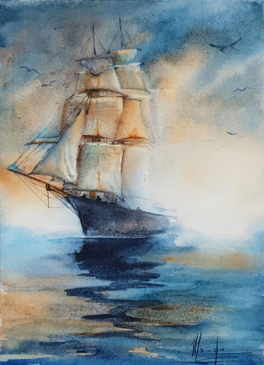 Painting titled "Haut les voiles" by Monique Delord, Original Artwork, Watercolor