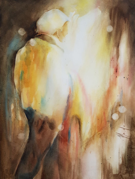 Painting titled "Balade nocturne" by Monique Delord, Original Artwork, Watercolor