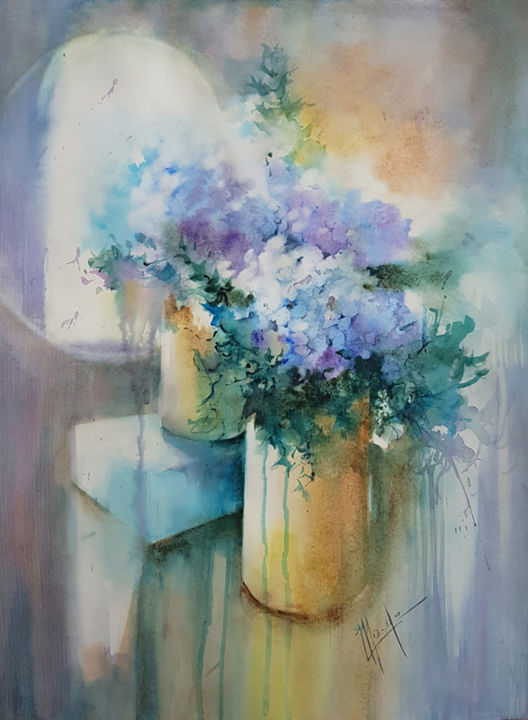 Painting titled "Max'hortensias" by Monique Delord, Original Artwork, Watercolor