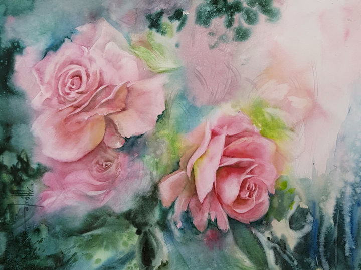 Painting titled "Mon amie la rose.jpg" by Monique Delord, Original Artwork, Watercolor