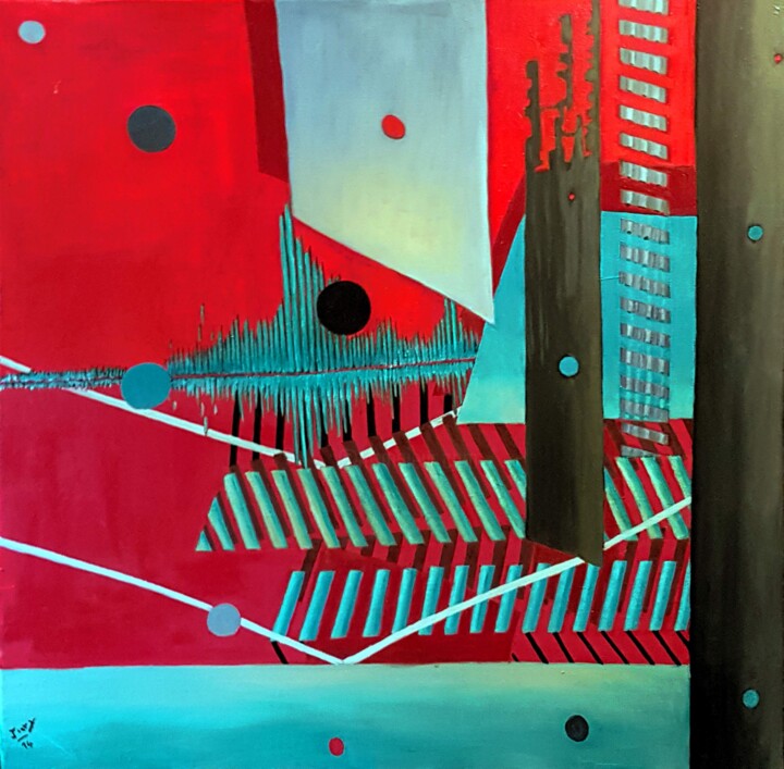 Painting titled "Paysage urbain III" by Monique-Laurence Jury, Original Artwork, Oil Mounted on Wood Stretcher frame