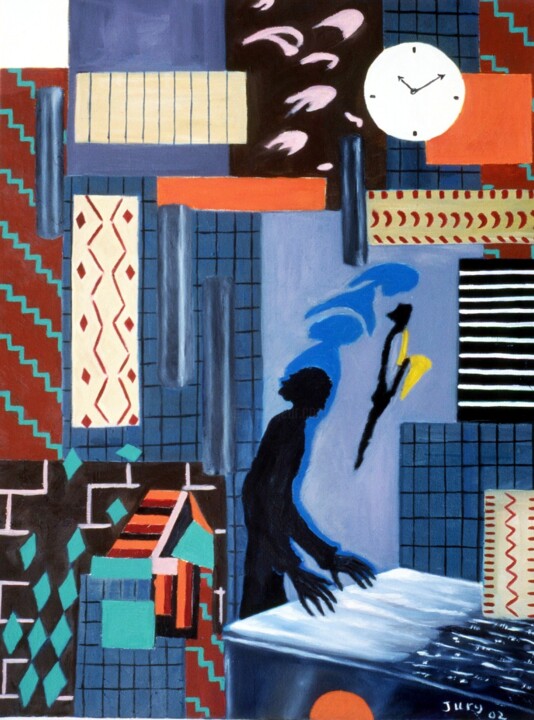 Schilderij getiteld "Jazz" door Monique-Laurence Jury, Origineel Kunstwerk, Olie Gemonteerd op Frame voor houten brancard