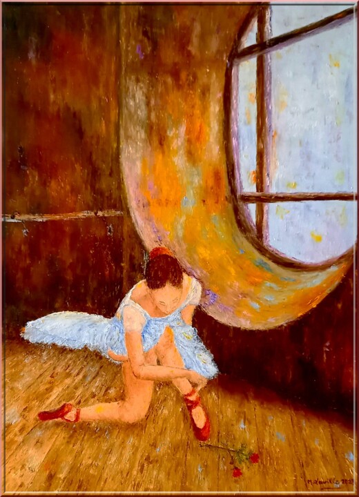 Painting titled "La ballerine" by Monique Laville, Original Artwork, Oil Mounted on Wood Stretcher frame