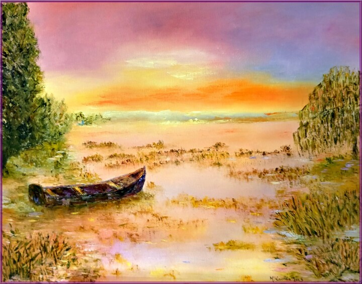 Peinture intitulée "Lac au coucher de s…" par Monique Laville, Œuvre d'art originale, Huile Monté sur Châssis en bois